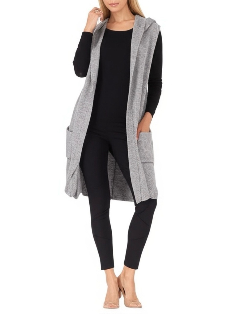 Tahari Large Grey Knit Longline Hooded Vest (174)